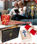 Solar Glass Cross Garden Stake Light With Angel Wings And Stained Glass Look displayed in a box with unique gifts for memorial decor