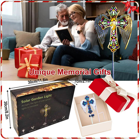 Solar Glass Cross Garden Stake Light With Angel Wings And Stained Glass Look displayed in a box with unique gifts for memorial decor