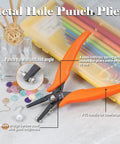 6 Inch Metal Hole Punch Pliers with PVC grips and replacement pins for making 1.5mm holes in jewelry crafting, shown on table.