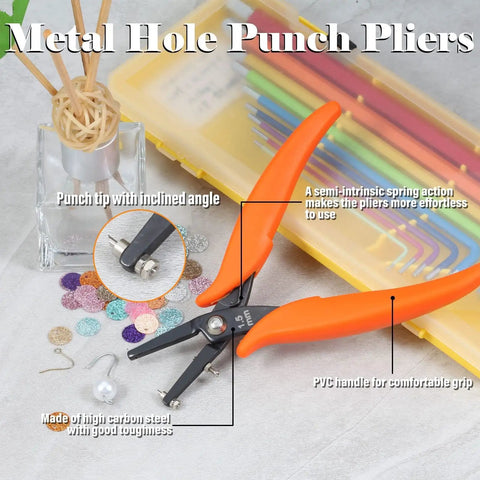 6 Inch Metal Hole Punch Pliers with PVC grips and replacement pins for making 1.5mm holes in jewelry crafting, shown on table.