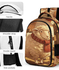 Scarf Sheep Printed Unisex Backpack With Large Capacity Everyday Daypack featuring handle, shoulder strap, double zipper, side pockets.
