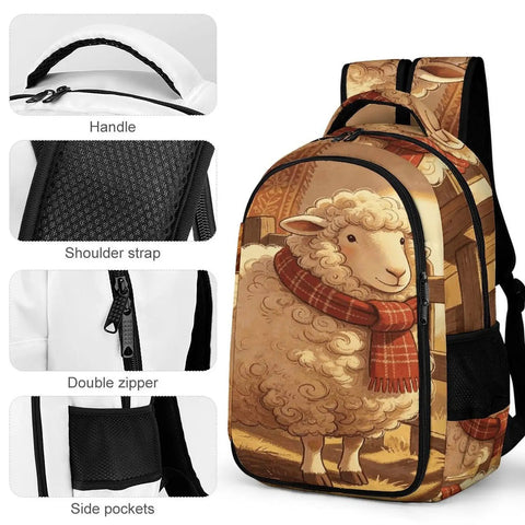 Scarf Sheep Printed Unisex Backpack With Large Capacity Everyday Daypack featuring handle, shoulder strap, double zipper, side pockets.