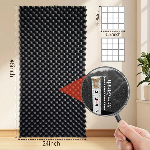 Game Changer 4 Pack Sound Proof Foam Panels 48X24X2 Acoustic Egg Crate Wall Tiles displayed with measurements in a studio setting.