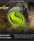 Close-up of cordless garden tiller wheel in soil, lightweight design for easy mobility, Cordless Garden Tiller Kit With Dual 24V Batteries And Charger, No Gas No Fumes, Easy Weeding And Soil Aeration, 14 Inch Wide Till Path, 7 Inch Deep, Lightweight Lawn Bed Prep Tool For Backyard.