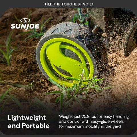 Close-up of cordless garden tiller wheel in soil, lightweight design for easy mobility, Cordless Garden Tiller Kit With Dual 24V Batteries And Charger, No Gas No Fumes, Easy Weeding And Soil Aeration, 14 Inch Wide Till Path, 7 Inch Deep, Lightweight Lawn Bed Prep Tool For Backyard.