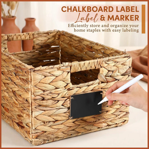 Two Pack Wicker Storage Baskets Rectangular Water Hyacinth Organizer For Shelving with Chalkboard Label and Chalk Marker