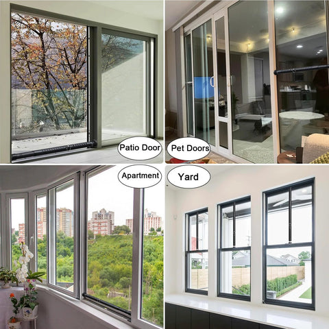 Adjustable Patio Door Security Bar For Sliding Glass Doors 17.5 To 50 Inch Heavy Duty Indoor Window Lock Bar Black Finish Supports Up To 400 Pounds installed in various home settings including patio and apartment windows.