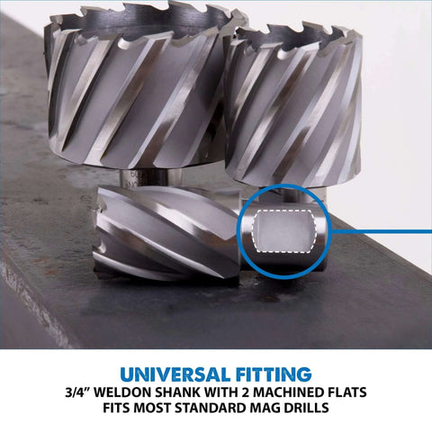 Close-up of two Evolution CC112 1-1/8 in diameter HSS annular cutters showing Weldon shanks with two flats.
