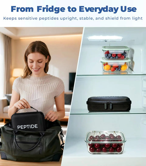 Fridge Ready Peptide Storage Case in use, holding vials, with durable EVA shell in zipper closure, shown in bag and fridge.