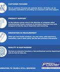 Fowler high-precision banner showing customer focus, product support, measurement innovation, and quality; Fowler logo.