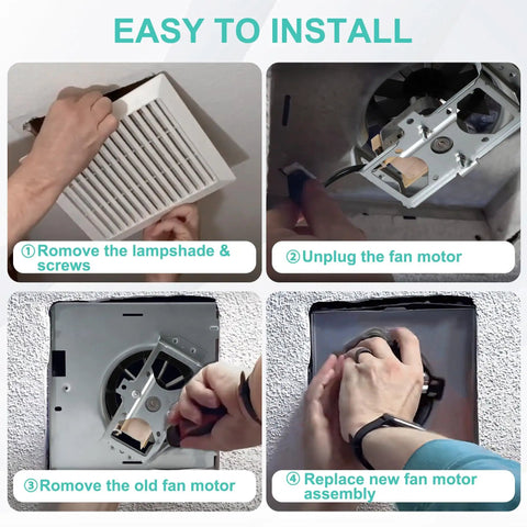 Installation steps for Replacement Bathroom Fan Motor Assembly For Broan Exhaust Fans Fits 50 CFM 663 688 Series.