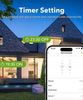 Outdoor Smart WiFi Plug Set With Two Grounded Outlets, Heavy Duty Timer, Control It From Your Phone, Works With Alexa And Google Assistant, 2.4 GHz Only, ETL Listed, 2 Pack showing timer setting on smartphone next to modern house