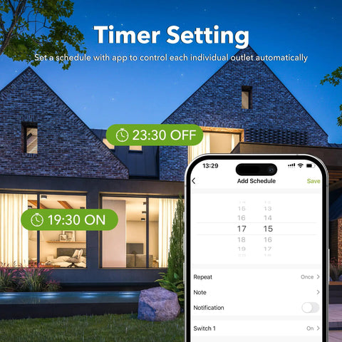 Outdoor Smart WiFi Plug Set With Two Grounded Outlets, Heavy Duty Timer, Control It From Your Phone, Works With Alexa And Google Assistant, 2.4 GHz Only, ETL Listed, 2 Pack showing timer setting on smartphone next to modern house