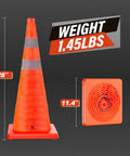 28 Inch Collapsible Traffic Safety Cones Pack Of 4 With Reflective Collar, shown folded and standing, 1.45lbs weight