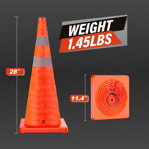 28 Inch Collapsible Traffic Safety Cones Pack Of 4 With Reflective Collar, shown folded and standing, 1.45lbs weight