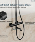 GRANDJOY Exposed Tub and Shower System with Handheld Spray, Matte Black, showing diverter and water flow switch options.