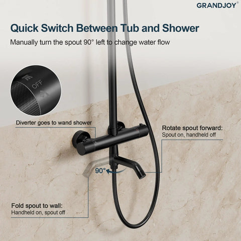 GRANDJOY Exposed Tub and Shower System with Handheld Spray, Matte Black, showing diverter and water flow switch options.