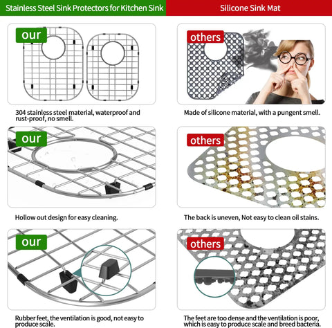 Comparison of our stainless steel sink protectors with others' silicone sink mat, highlighting design and material differences.