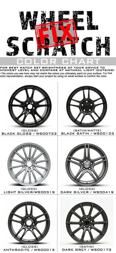 Color chart for Matte Black Rim Touch Up Paint And Wheel Scratch Repair Kit showing various wheel finishes.