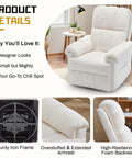 Beige Chenille Swivel Rocker Recliner For Adults In Small Spaces with side pockets, shown with extended armrest and foam backrest.