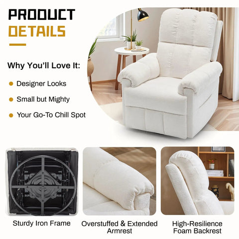 Beige Chenille Swivel Rocker Recliner For Adults In Small Spaces with side pockets, shown with extended armrest and foam backrest.