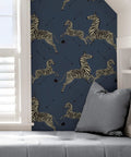 Blue Denim Zebra Safari Peel And Stick Wallpaper Self Adhesive Wall Covering on accent wall in stylish modern room