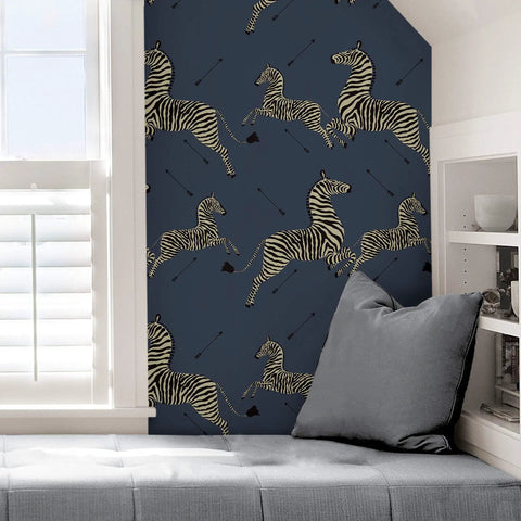 Blue Denim Zebra Safari Peel And Stick Wallpaper Self Adhesive Wall Covering on accent wall in stylish modern room
