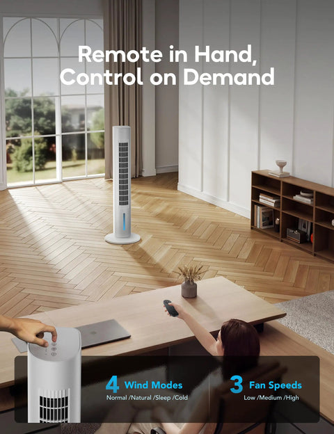 Room with remote-controlled 3 in 1 Windowless Portable Air Conditioner And Evaporative Cooler, no window exhaust needed.