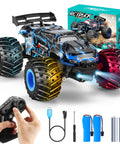 All Terrain 1:18 RC Car With LED Lights 2WD Remote Control Truck, colorful design, controller, batteries, and packaging in view