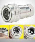 Front view of ANCIMOON 1/2 in ISO 5675 ball hydraulic quick-connect coupler; silver metal with knurled sleeve.