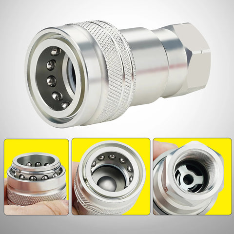Front view of ANCIMOON 1/2 in ISO 5675 ball hydraulic quick-connect coupler; silver metal with knurled sleeve.