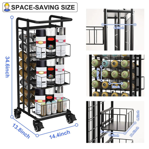 Heavy Duty Metal Spray Paint Storage Rack Eight Tier Lube Can Organizer Hella Sturdy Workshop Shelf With Thirty Two Slots Fits Aerosols And Beverages For Tight Garage Spaces, displaying detailed measurements and organized cans.