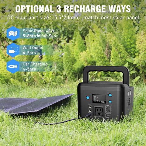 120Wh Portable Power Station With 200W Output, Six Output Ports, AC Outlet, 110V, 33,000mAh External Battery Pack set next to a solar panel in a garden