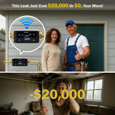 Smart Water Shutoff Valve With Three Leak Sensors And Ultrasonic Detection, WiFi App Enabled Flow Meter, Pressure Plus Flow Monitor, Round The Clock Usage Reports, Three Quarter Inch And One Inch Connections, Ultra Reliable Home Leak Protection installed on home pipes