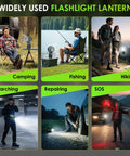 6-panel visual showing various uses of the 4 in 1 Modular Camping Lantern Rechargeable Led Flashlight And Portable Camp Fan IPX4 Waterproof Outdoor Essentials Kit for emergency hiking fishing and trail adventures