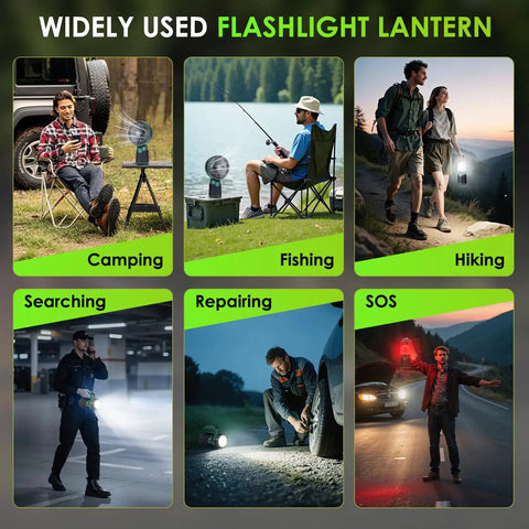 6-panel visual showing various uses of the 4 in 1 Modular Camping Lantern Rechargeable Led Flashlight And Portable Camp Fan IPX4 Waterproof Outdoor Essentials Kit for emergency hiking fishing and trail adventures
