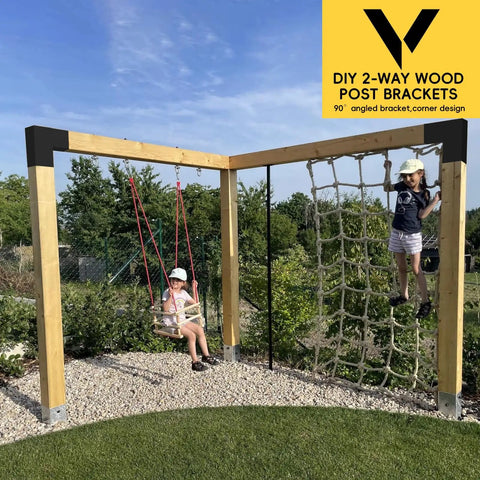 Pergola with Heavy Duty 14 Gauge Steel L Shaped Pergola Brackets 1 Pack For 4x4 Wood Beams, children playing on swing and climbing net