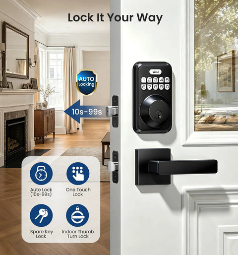 Heavy Duty Keyless Entry Deadbolt Lock Paired With Smooth Lever Handle Set In Matte Black Touchscreen Security Keypad For Front Door Bulletproof No Sweat Install