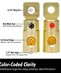 4 AWG Gold Plated Ring Terminal Set with 5/16 inch ring hole, set screw connectors for secure battery wiring, color-coded red/black gears