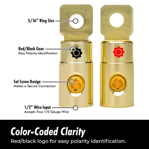 4 AWG Gold Plated Ring Terminal Set with 5/16 inch ring hole, set screw connectors for secure battery wiring, color-coded red/black gears