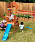 Cedar Wooden Swing Set For Backyard With Monkey Bars, 2-In-1 Outdoor Table, 6-Foot Wave Slide, Climbing Wall, Telescope Fort, And 2 Belt Swings, Durable Backyard Playset For Kids in a garden setting