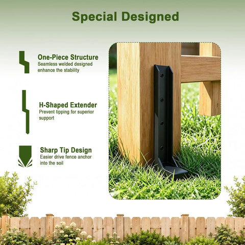 Heavy Duty Fence Post Repair Kit With Rock Solid H Shaped Steel Extenders And Dead Simple Ground Spike Anchors To Keep Your Outdoor Boundary Posts Upright, H-shaped steel extender securing a wooden fence post.