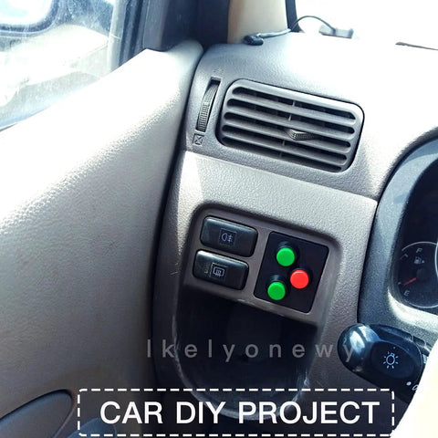 12mm Mini Latching Push Button On Off Switch With Prewired 2 Pin 12V Wires Red And Green installed in car dashboard
