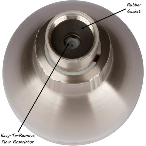 High Pressure Shower Head With 3 Inch Face, Anti Clog Nozzles, adjustable brass ball joint, brushed nickel, bottom view.