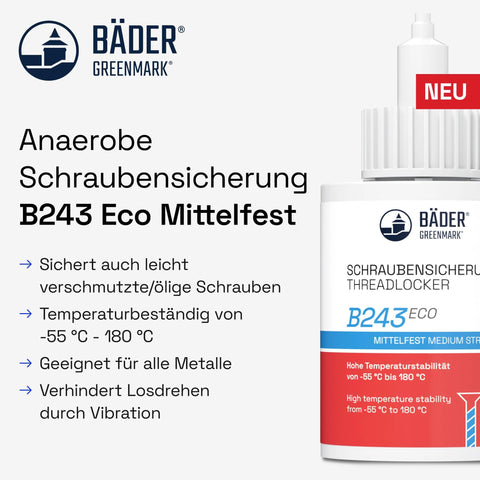 Blue thread locker metal fastening BÄDER B243Eco bottle on display