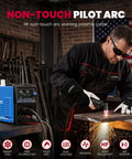 Operator using Dual Voltage 110 to 220V 50A Plasma Cutter for DIY and Workshop, cutting metal with sparks flying, large LED display visible.