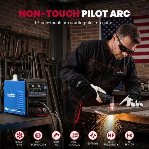 Operator using Dual Voltage 110 to 220V 50A Plasma Cutter for DIY and Workshop, cutting metal with sparks flying, large LED display visible.