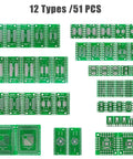 51-piece 12 Types SMD To DIP Adapter PCB Proto Board Kit With SOP8 SOP10 SOP24 and more, green boards shown in various layouts