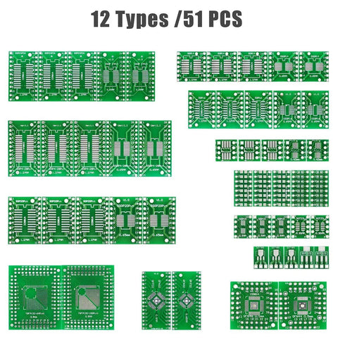 51-piece 12 Types SMD To DIP Adapter PCB Proto Board Kit With SOP8 SOP10 SOP24 and more, green boards shown in various layouts