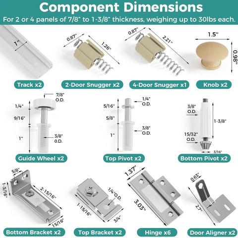 Heavy Duty Bifold Door Hardware Kit With Two 36 Inch Tracks For 72 Inch Closet Doors Loaded With Ultra Smooth Glide Rollers components dimensions image.